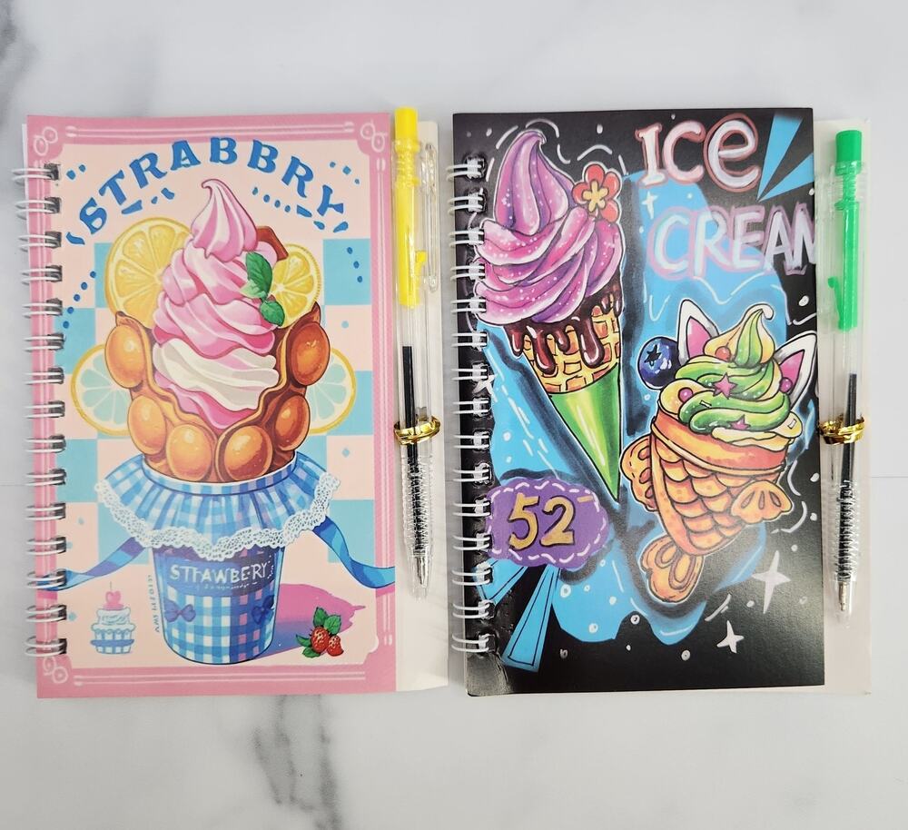 2 Spiral Pocket Notebook/Pen Ice Cream Cones 4x5.5" Small Journal or Diary
